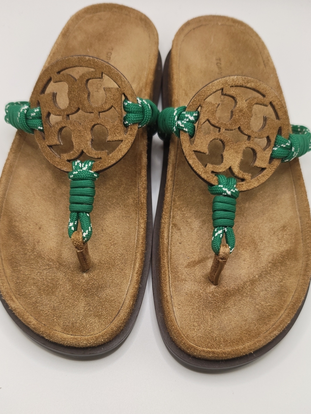 Tory Burch Tan Suede Sandal with Green Rope Logo